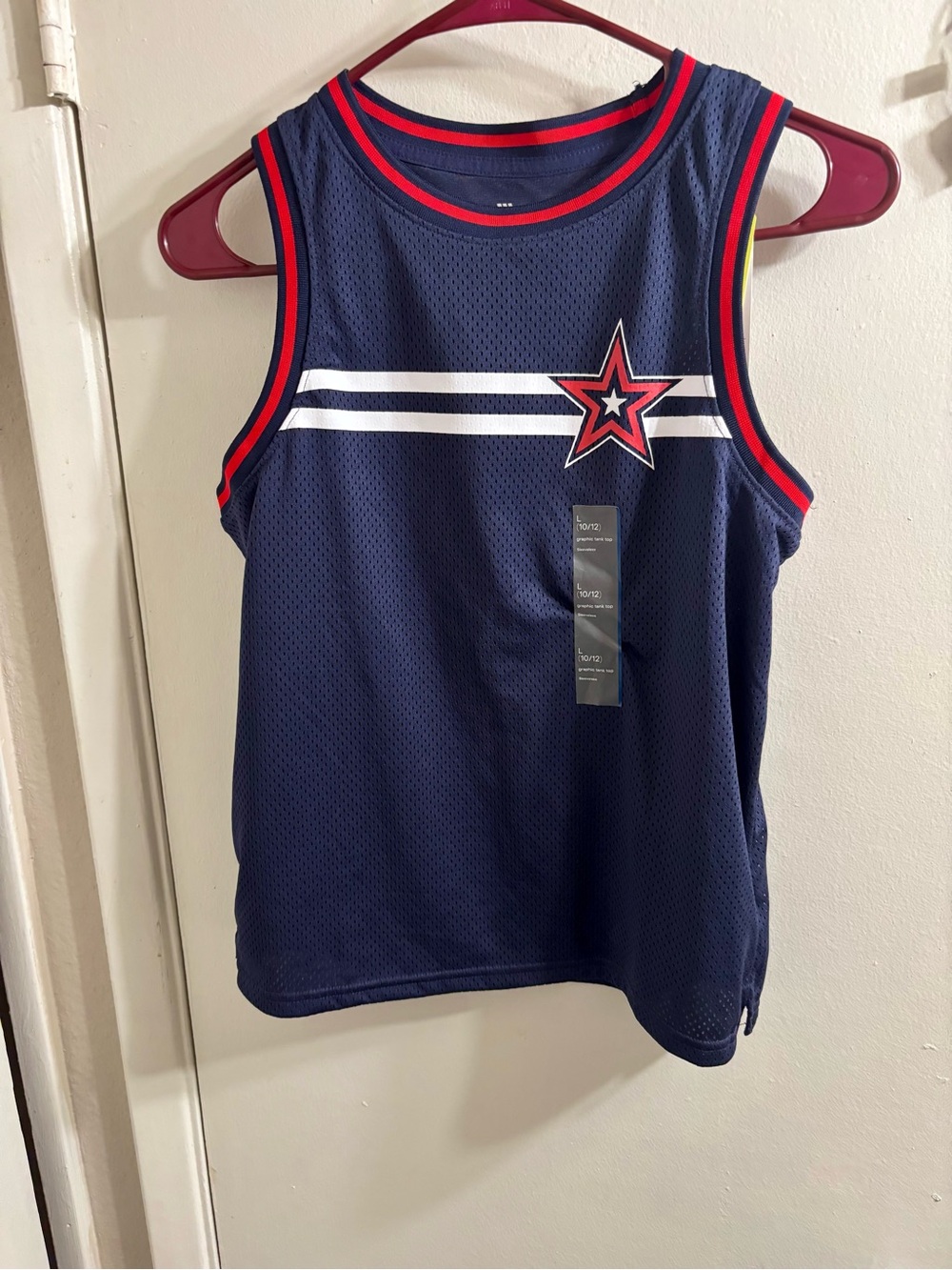 NWT Navy Blue Mesh Graphic Basketball Tank Top Patriotic Star Kids L 10/12